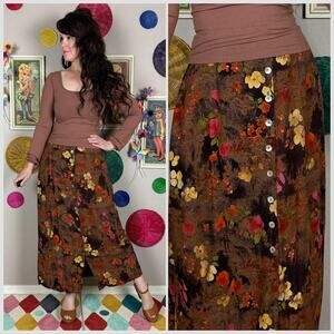 Vintage 1990s Autumnal Floral Button Front Midi Skirt
